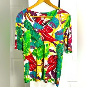 Chicos Women's Top Size Large Floral Tropical Pima Cotton Short Sleeve Pullover